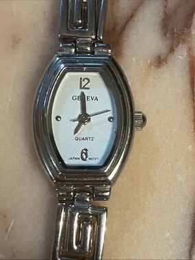 GENEVA Silver Toned Geometric Link Ladies Watch - White Dial